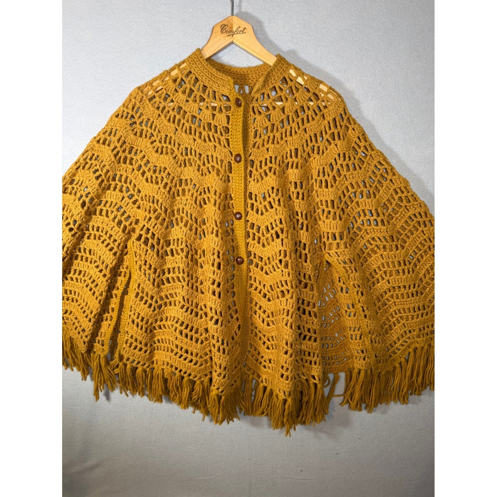 Vintage Handmade Crochet Poncho Mustard Yellow Fringe Button Front Boho Cape